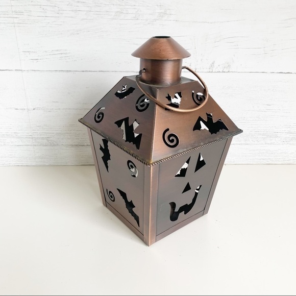 𝅺HALLOWEEN Tea light Metal Lantern Oil Rubbed Bronze Jack O Lantern Bats - Picture 1 of 7